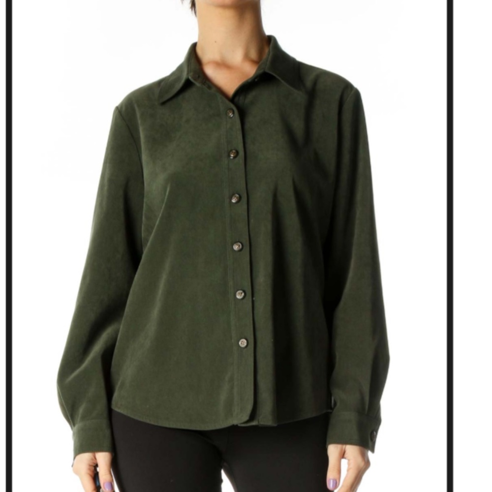 NWOT Talbots Petites Stretch button up dark Green Shirt S